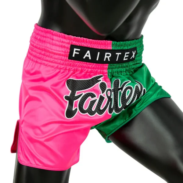 Fairtex BS1911 2-Tone Muay Thai Shorts - Pink/Green in Pink/Green — flat lay