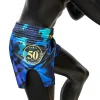 Fairtex BS1916 Golden Jubilee Luster Muay Thai Shorts - Blue in Blue — on‑body look