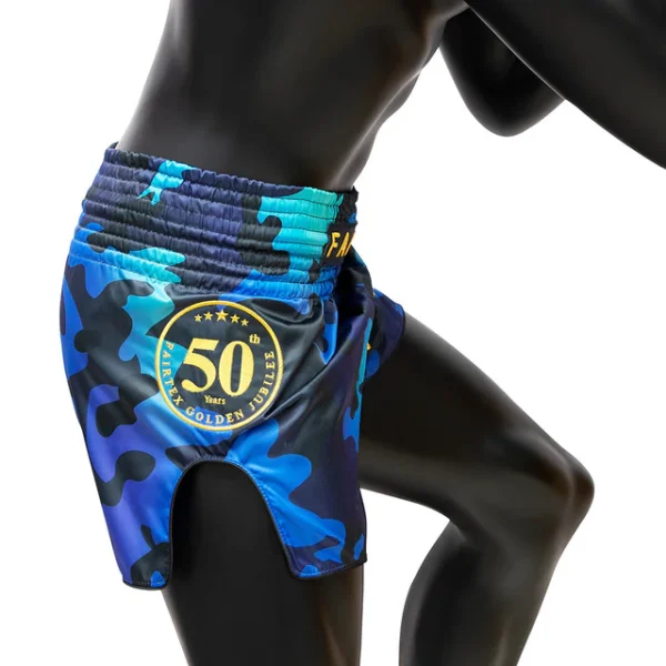 Fairtex BS1916 Golden Jubilee Luster Muay Thai Shorts - Blue in Blue — on‑body look