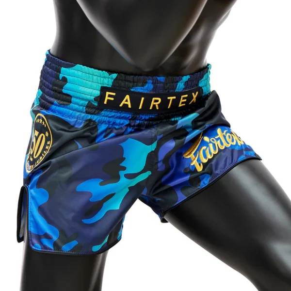 Fairtex BS1916 Golden Jubilee Luster Muay Thai Shorts - Blue in Blue — on‑body look