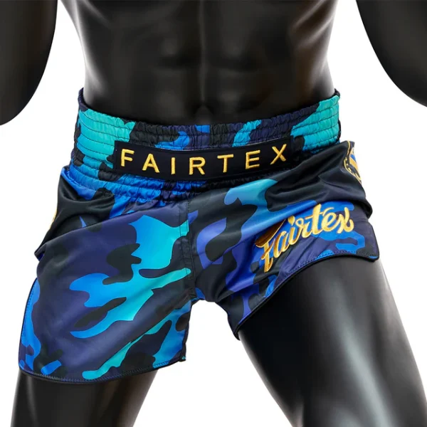 Fairtex BS1916 Golden Jubilee Luster Muay Thai Shorts - Blue in Blue — logo close‑up