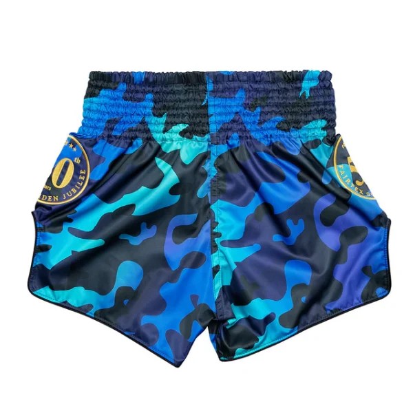 Fairtex BS1916 Golden Jubilee Luster Muay Thai Shorts - Blue in Blue — waistband detail