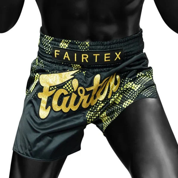 Fairtex BS1931 Heart of Gold Muay Thai Shorts - Black/Gold in Black/Gold — front angle