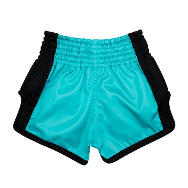 Fairtex Kids Muay Thai Shorts BSK2107 - Turqouise/Black in Turqouise/Black — three‑quarter angle