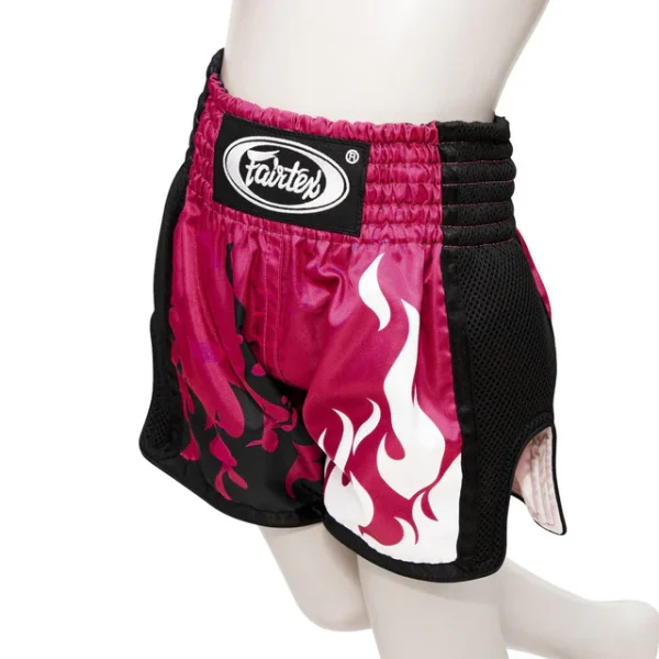 Fairtex Kids Muay Thai Shorts Eternal Flame BSK2101 - Pink/Black in Pink/Black — three‑quarter angle
