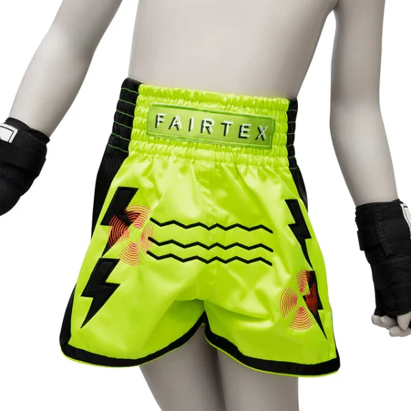 Fairtex Kids Muay Thai Shorts Sonar Bsk2105 Green Black 2 Fairtex Kids Muay Thai Shorts Sonar BSK2105 - Green/Black in Green/Black — front angle