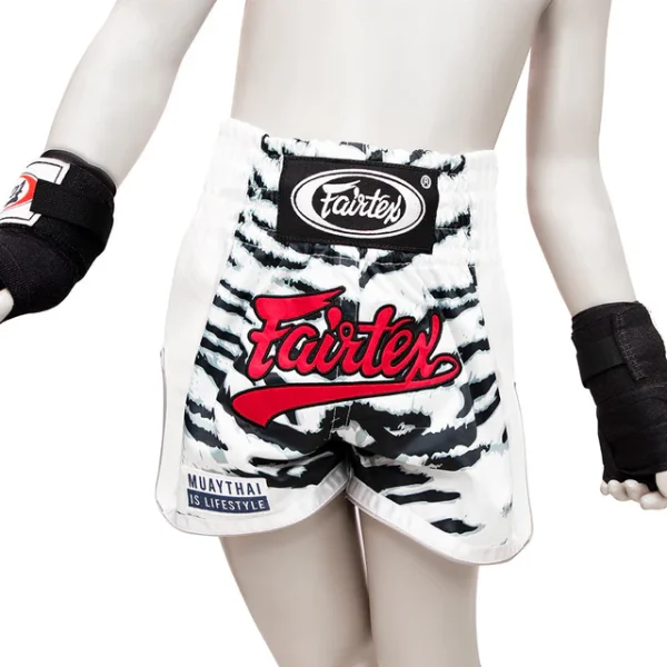 Fairtex Kids Muay Thai Shorts Tiger Bsk2103 White 2 Fairtex Kids Muay Thai Shorts Tiger BSK2103 - White in White — detail shot