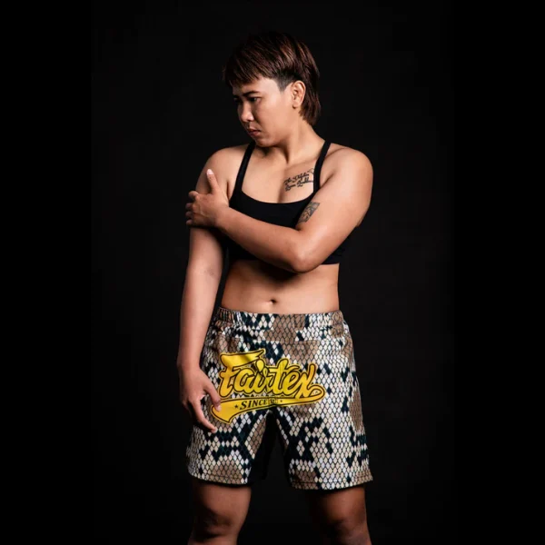Fairtex MMA Board Shorts Snake Diamond Shell AB19 - Sand/Black in Sand/Black — front angle