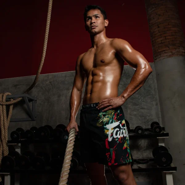 Fairtex MMA Board Shorts Wild AB13 - Black in Black — front angle