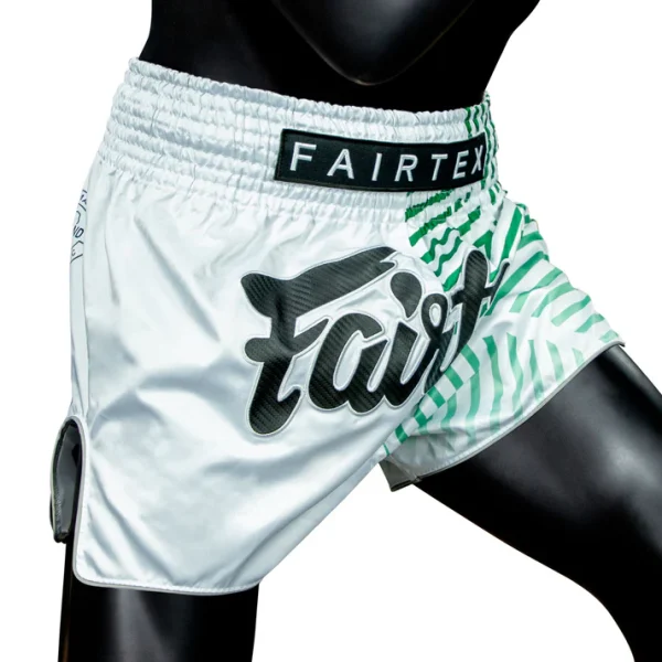 Fairtex Racer Muay Thai Shorts - White/Green in White/Green — back view