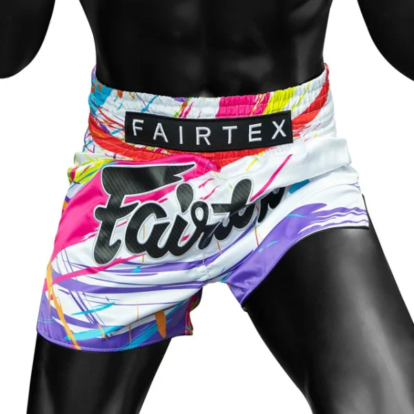 Fairtex World Music Muay Thai Shorts White 2 Fairtex World Music Muay Thai Shorts - White in White — waistband detail