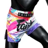 Fairtex World Music Muay Thai Shorts White 3 Fairtex World Music Muay Thai Shorts - White in White — back view