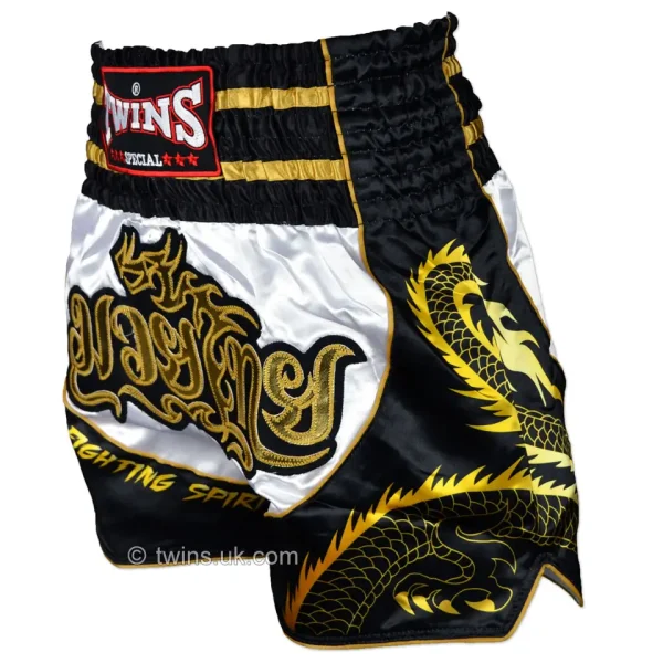 Twins Special Dragon Muay Thai Shorts Tbs49 Dr Black White Gold 1 Twins Special Dragon Muay Thai Shorts TBS49-DR - Black/White/Gold in Black/White/Gold — front angle