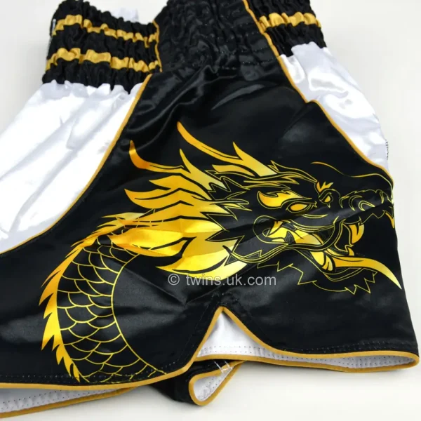 Twins Special Dragon Muay Thai Shorts Tbs49 Dr Black White Gold 5 Twins Special Dragon Muay Thai Shorts TBS49-DR - Black/White/Gold in Black/White/Gold — front angle