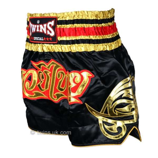 Twins Special Muay Thai Shorts TWS-154 - Black/Gold in Black/Gold — flat lay