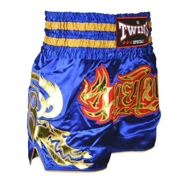 Twins Special Traditional Dragon Muay Thai Shorts TWS-152 - Blue/Gold in Blue/Gold — rear print
