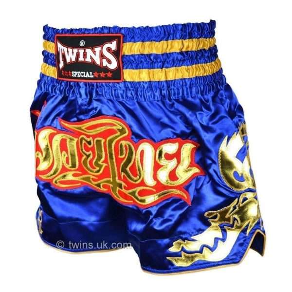 Twins Special Traditional Dragon Muay Thai Shorts TWS-152 - Blue/Gold in Blue/Gold — detail shot