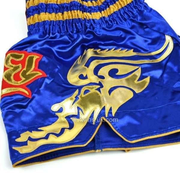 Twins Special Traditional Dragon Muay Thai Shorts TWS-152 - Blue/Gold in Blue/Gold — front angle