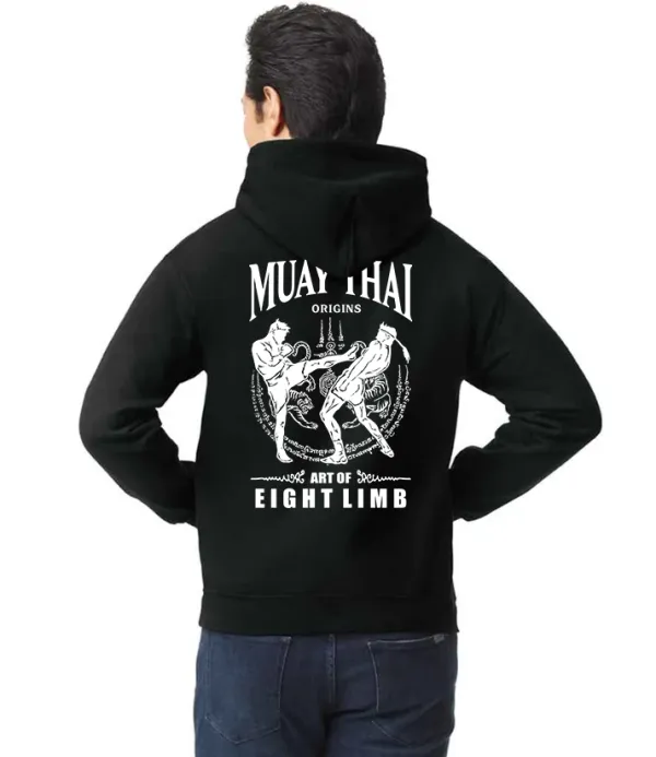 Mfs Muay Thai Origins Hoodie Black 1 Rashtag Muay Thai origins Hoodie worn with jeans, this mens hoodie is perfect for casual wear