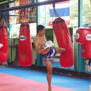 A man strikes a Muay Thai and Kickboxing punch bag