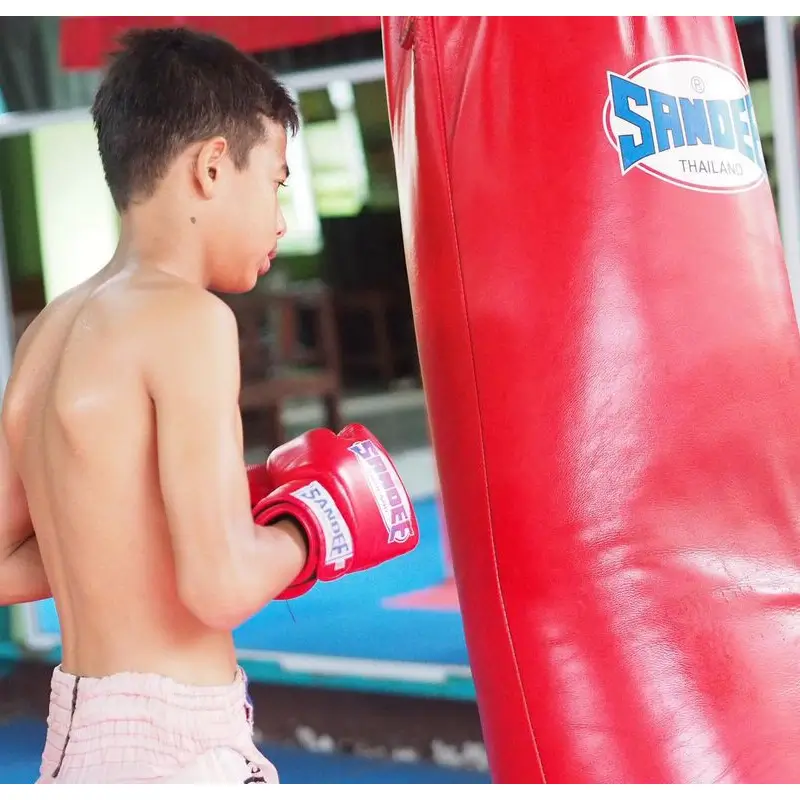 A kid wearing kids boxing gloves and hitting the heavy bag
