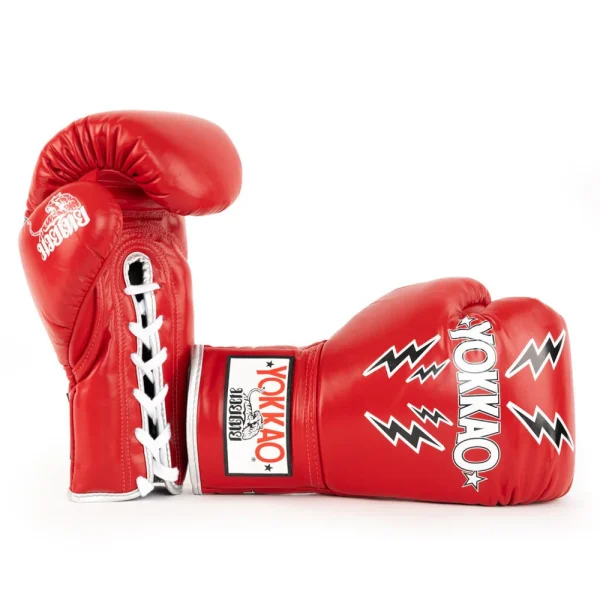 Yokkao Stadium Lace-up Boxing Gloves - Red in Red — flat lay