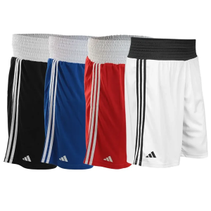 Adidas boxing shorts available in white, blue, red and black colourways.