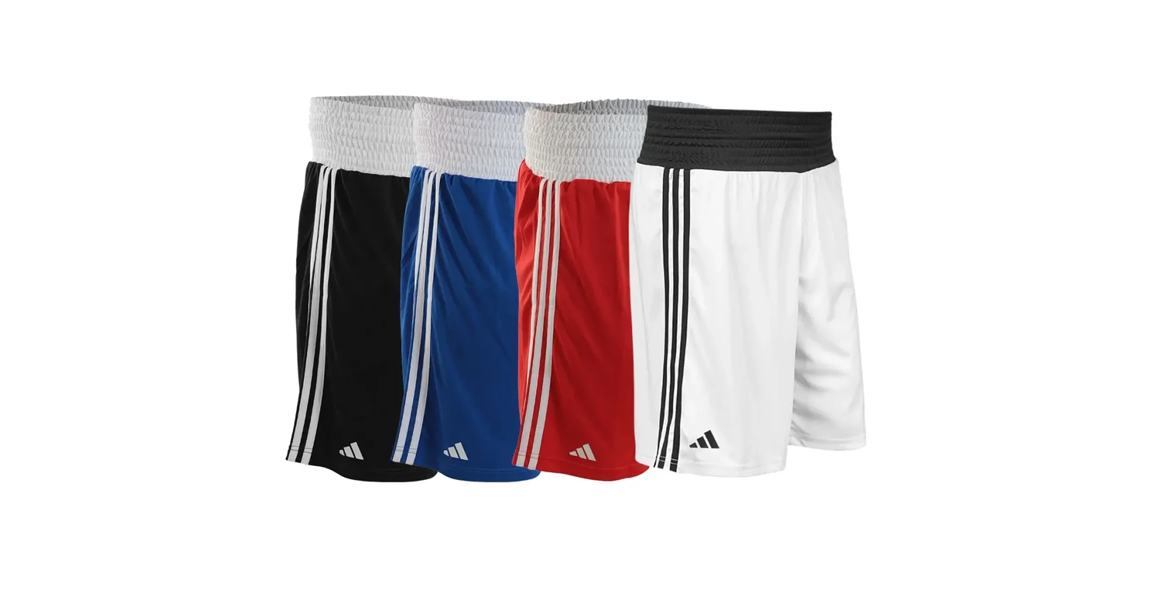 Adidas boxing shorts available in white, blue, red and black colourways.