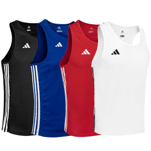 Adidas training vests and tank tops in black, blue, red and white colourways.