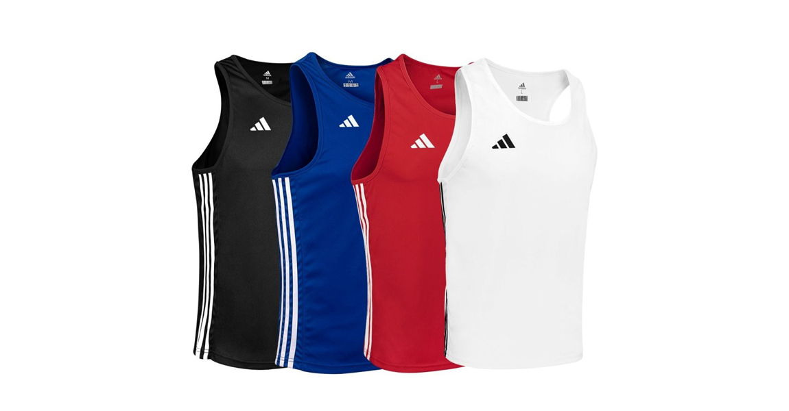 Adidas Vests and Tanks in Black Blue Red White Adidas training vests and tank tops in black, blue, red and white colourways.