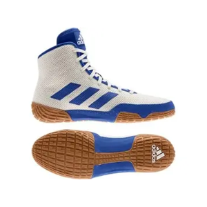 Adidas Tech Fall 2.0 wrestling boots in white and blue for competition and training.