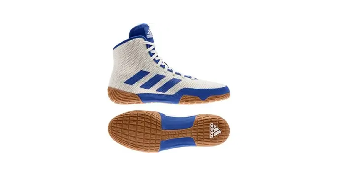 Adidas Wrestling Boots Tech Falls 2.0 White Blue Adidas Tech Fall 2.0 wrestling boots in white and blue for competition and training.