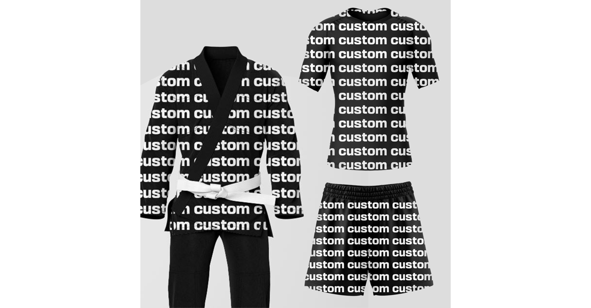 An image showcasing Custom Fightwear by having 'custom' written all a gi, shorts and rash guard