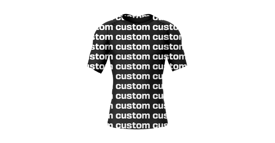 An image showcasing Custom Rash Guards by having 'custom' written all over it