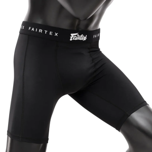 Fairtex GC3 compression shorts with protective groin cup for combat sports training and sparring.