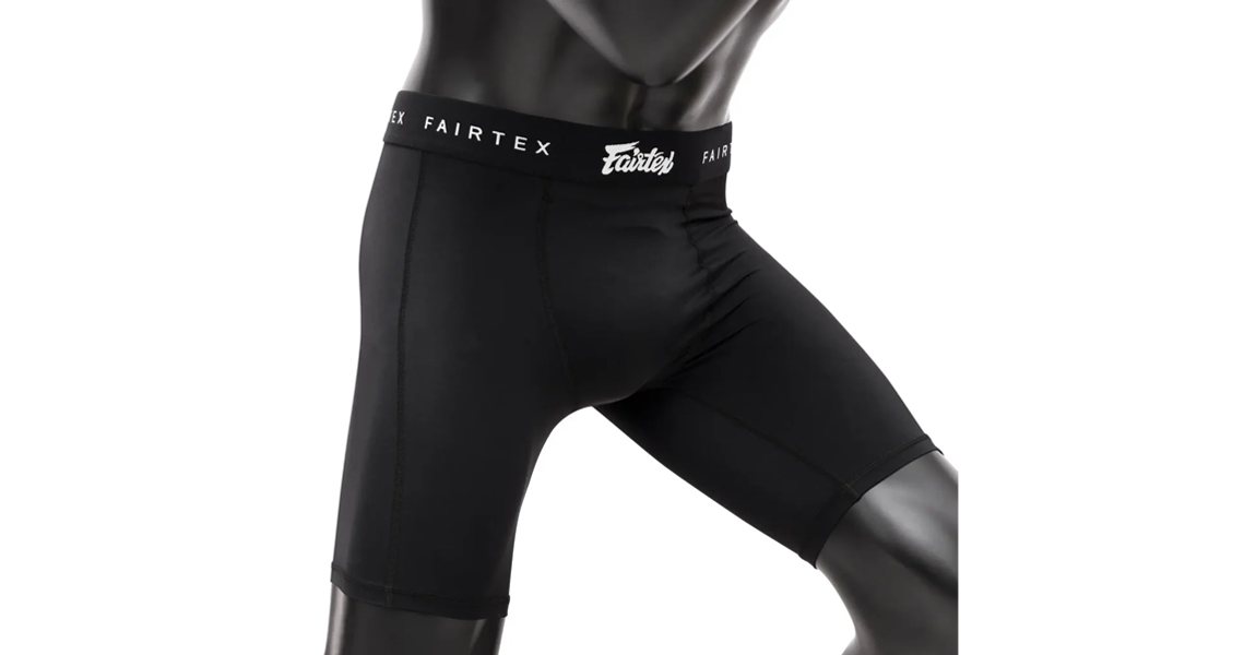 Fairtex GC3 compression shorts with protective groin cup for combat sports training and sparring.