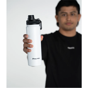 Athlete displaying a white Progress water bottle