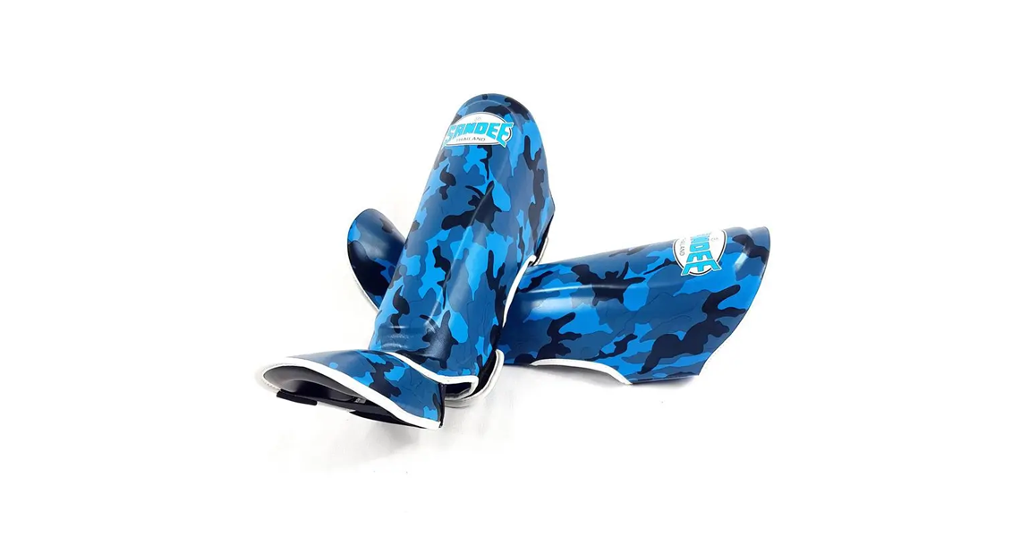 Sandee kids authentic shin guards in blue camo for Muay Thai and kickboxing.