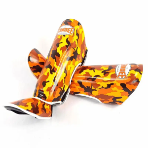 Sandee kids authentic shin guards in orange camo for kickboxing and Muay Thai.