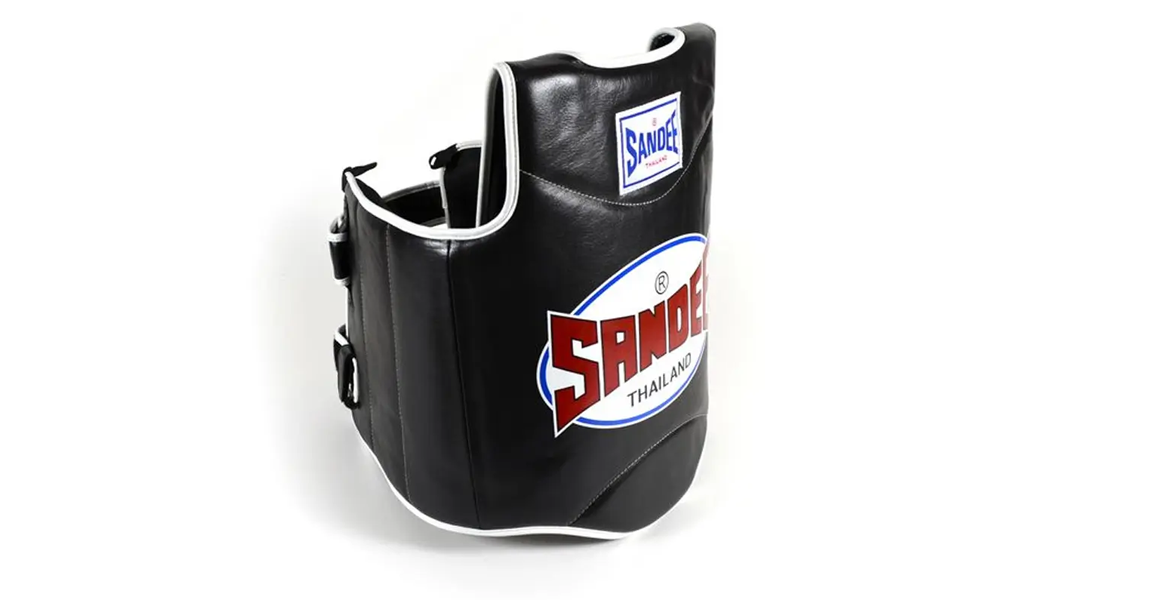 Sandee black kids body protector designed for safe Muay Thai and boxing training.