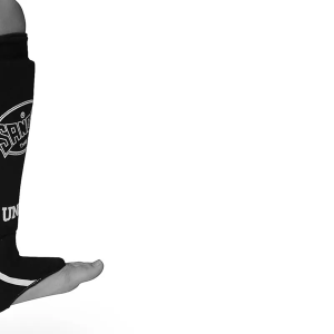 Sandee black slip-on cotton shin guards for Muay Thai, MMA and kickboxing.