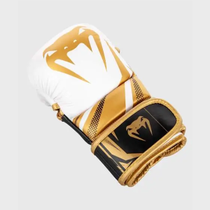 Venum Challenger 3.0 MMA sparring gloves in white, black and gold.
