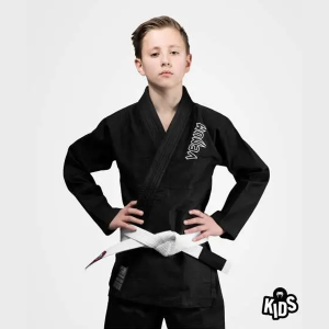 Venum kids Contender BJJ gi in black for jiu-jitsu training and competition.