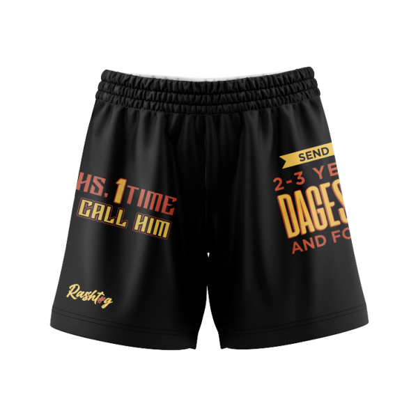 Rashtag Islam Makhachev Send Him Dagestan and Forget Fight Shorts front view showing sublimated Dagestan design and elastic waistband