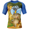 Rashtag Little Beasts Kids Rash Guard front view with blue sleeves and lion, elephant, giraffe and orangutan animal design