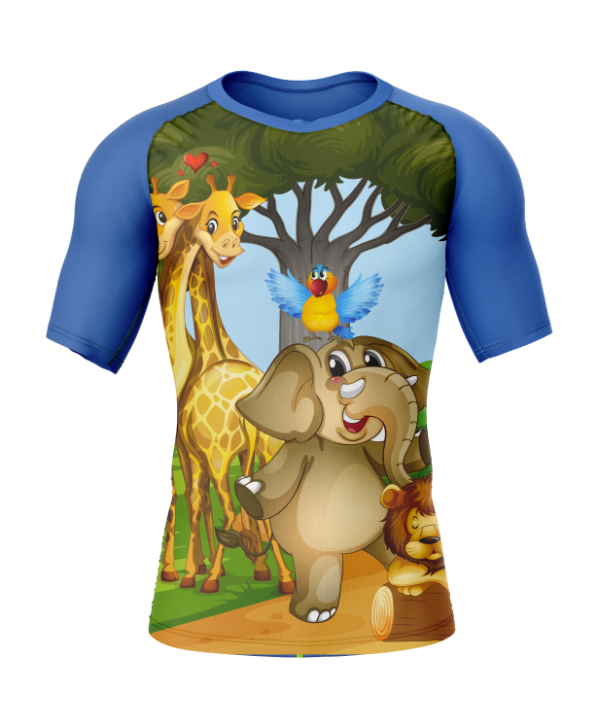 Rashtag Little Beasts Kids Rash Guard front view with blue sleeves and lion, elephant, giraffe and orangutan animal design