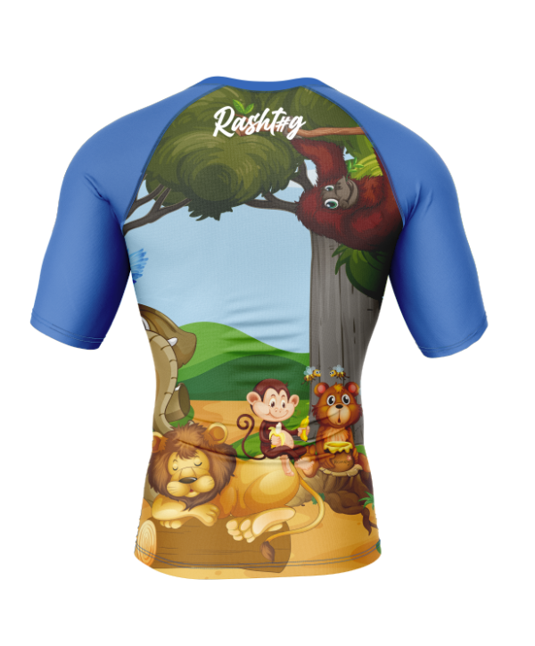 Rashtag Little Beasts Kids Rash Guard back view with blue sleeves and full sublimated animal design