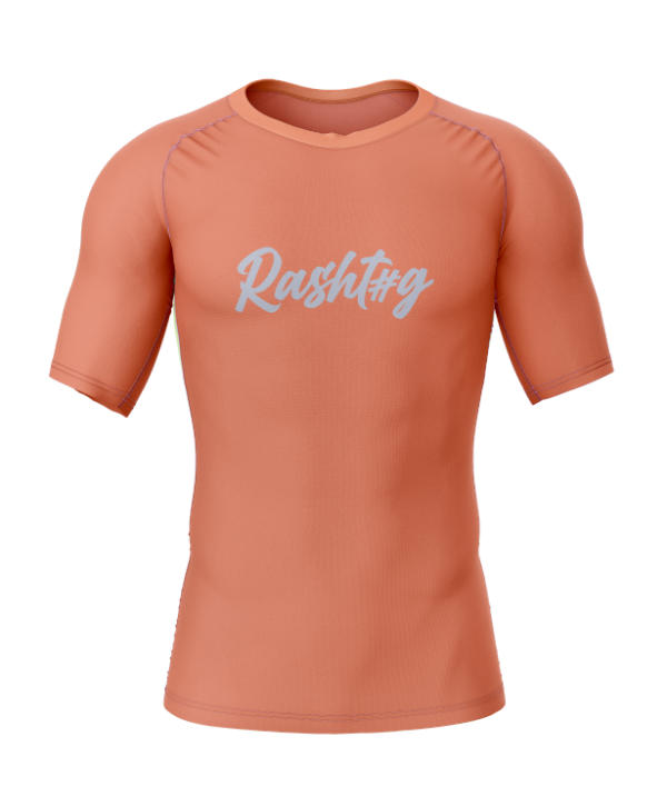 Terracotta Shaka Jiu Jitsu Eat Sleep Roll Repeat rashguard front view with Rashtag text logo