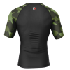 Violence in Silence Rash Guard back view showing all black design with green camo sleeves