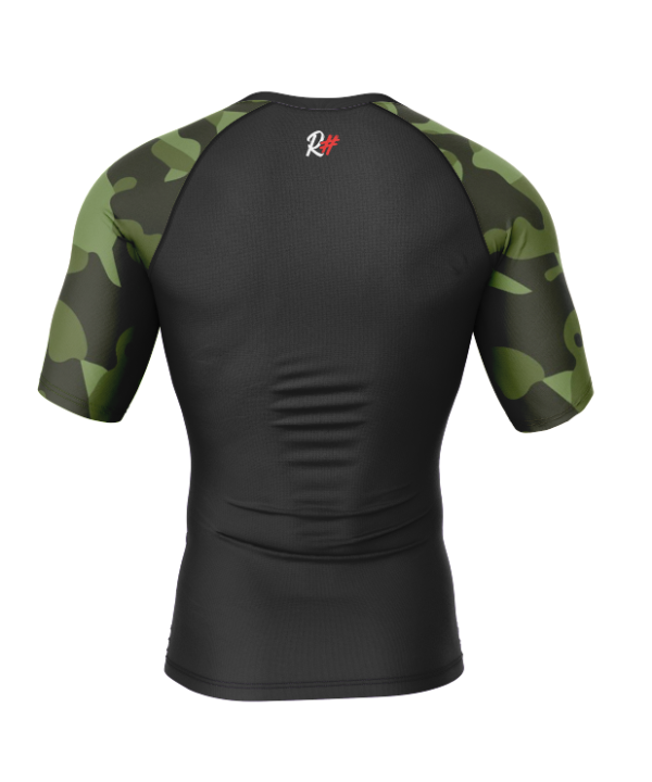 Violence in Silence Rash Guard back view showing all black design with green camo sleeves
